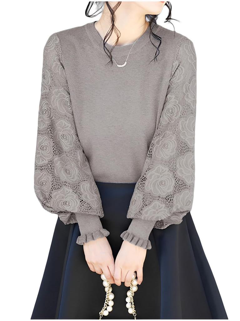 Green Tea Knit Round Long One Size Fits All Women's Top, Neck, Sleeve, Patterned, Casual, Mass-Produced, Relaxed, Stretch, Gray,