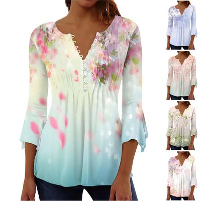 Button-Down-Hemden für Damen, Blumendruck, Tunika, Sommer-Tops, elegant, lässig, Glocke, 3/4-Ärmel, V-Ausschnitt, Frühlingsblusen