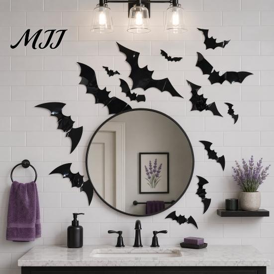 Three-dimensional Halloween Decor 12Pcs Bats Wall Decals, 3D Bat Stickers for Home Decor, Folded Paper Decoration 4 Size Waterproof Black Spooky