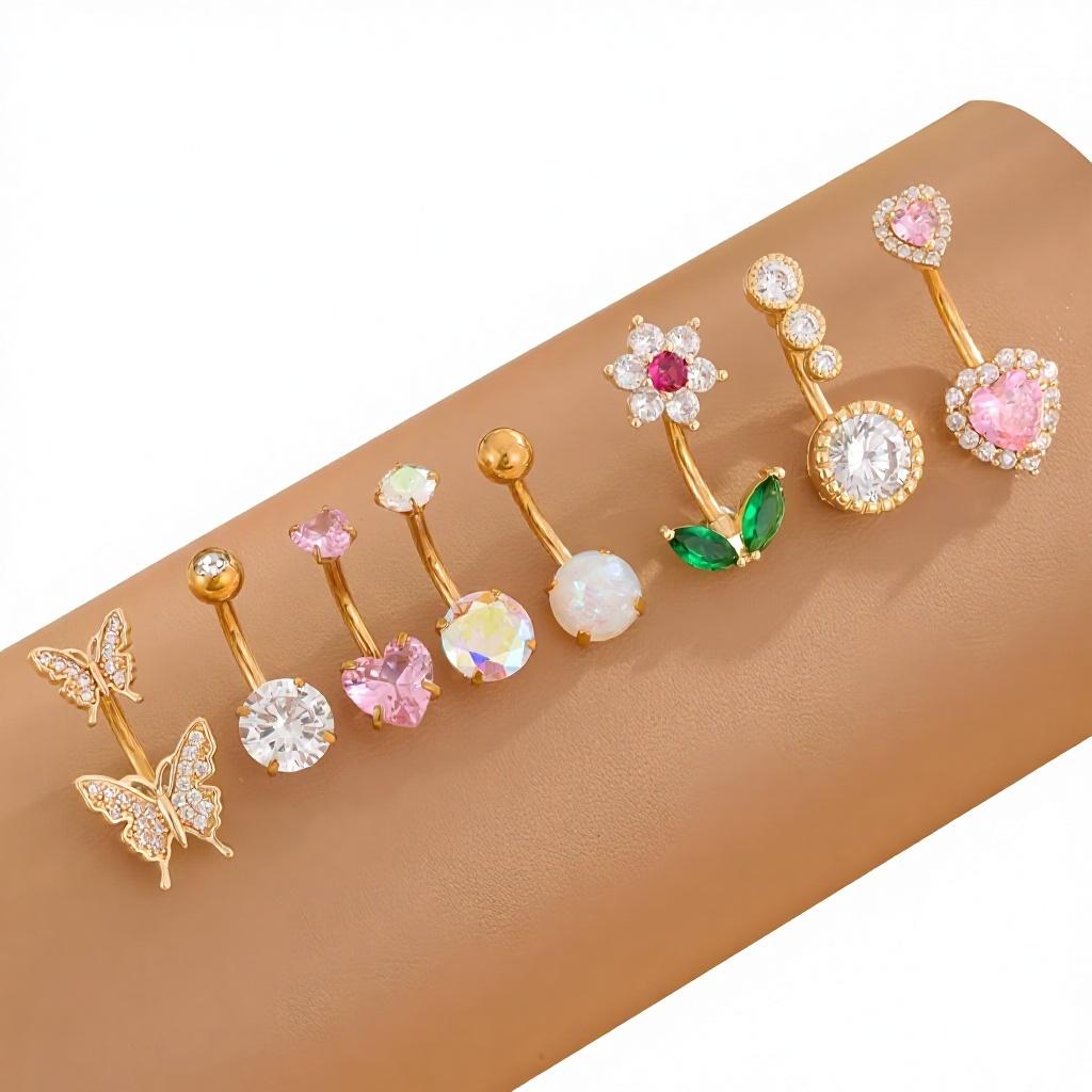 Golden Women's Fashion Classic Butterfly Heart Stainless Steel Navel Ring Set, Various Styles, Suitable for All Seasons