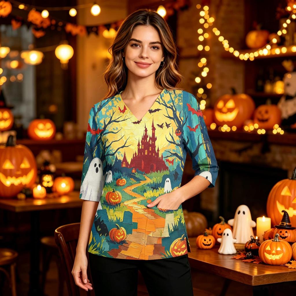 Women's Halloween Costume V-Neck with Pocket Side Slit 3/4 Sleeve Top
