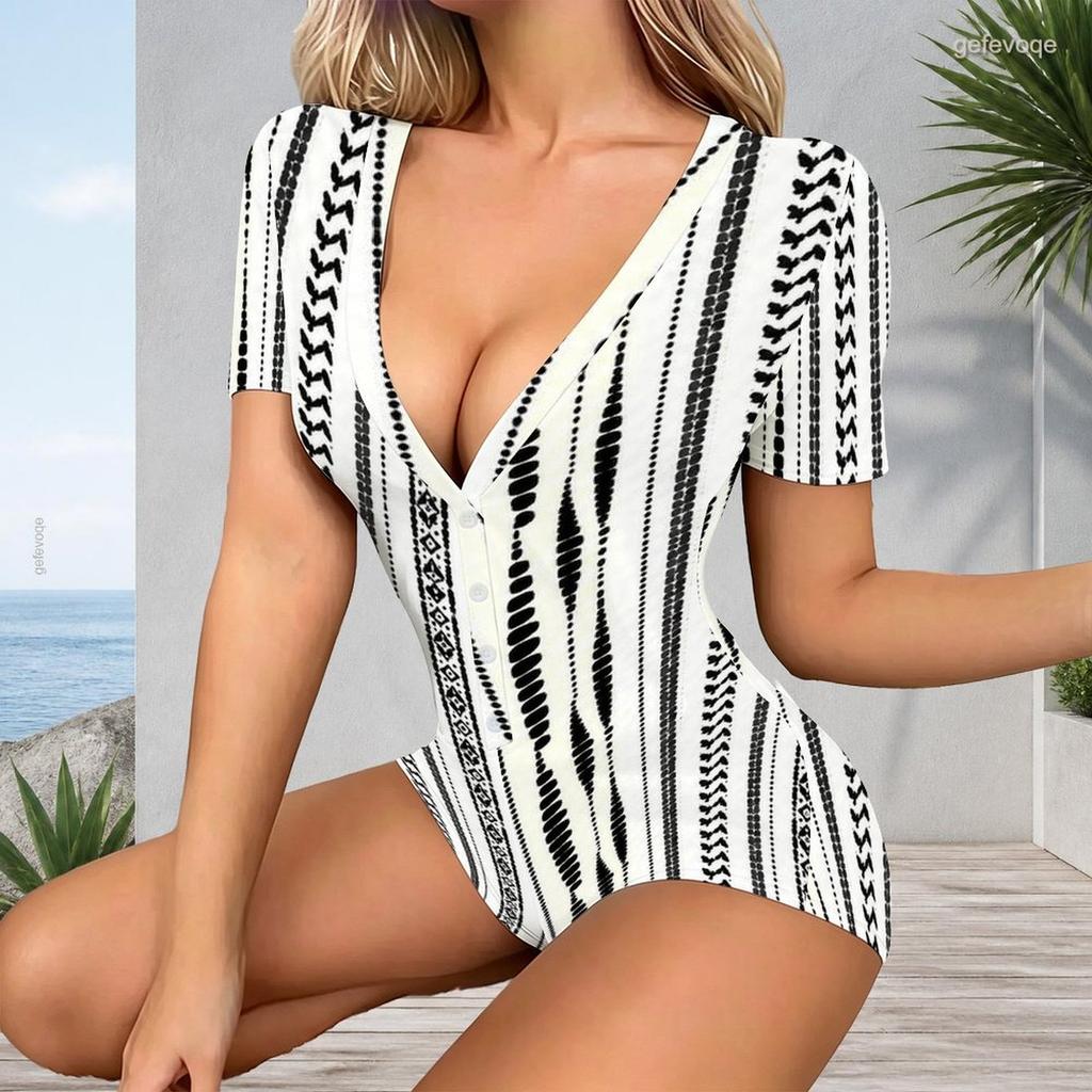 Women Plus Size Black Golden Printed V Neck Short Sleeve Fitted Short Romper