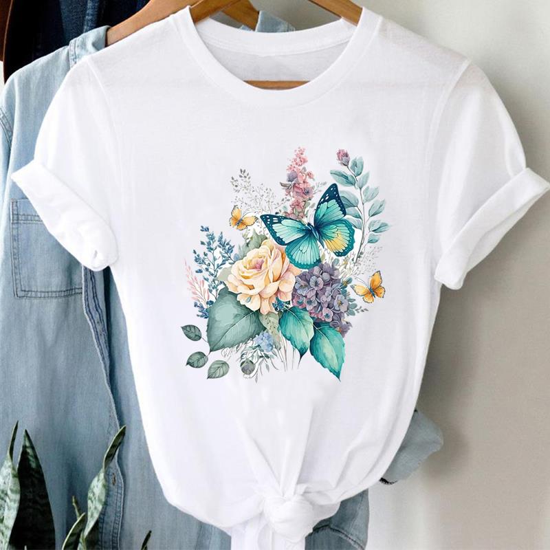 (Asian Size) Printed Clothing Top Fashion feather flower 90s Short Sleeve T-shirts Women Graphic Tee Lady Female Casual T Shirt Tees