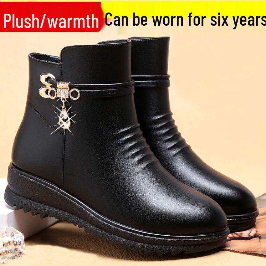 

Теплые Нескользящие Ботинки из Мягкой Кожи: Зимние хлопковые ботинки для женщин среднего и пожилого возраста 35