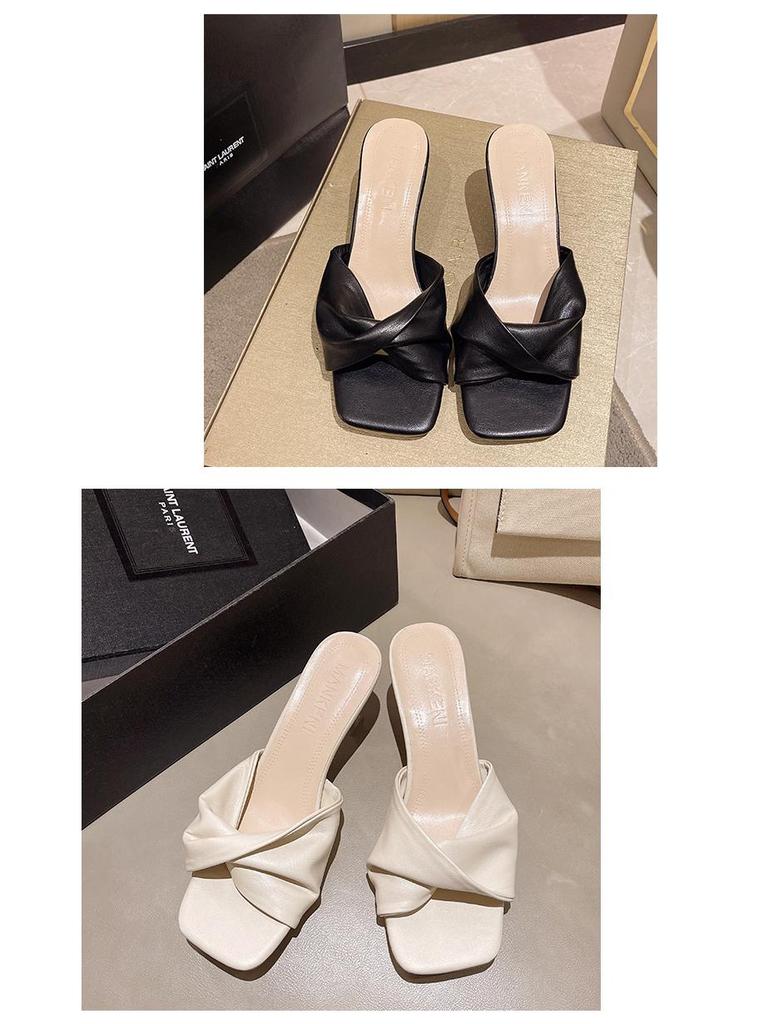Women's Square Toe Plus Size Stiletto Heel Cross Strap Flip Flops - Medium Heel Fashion Slippers