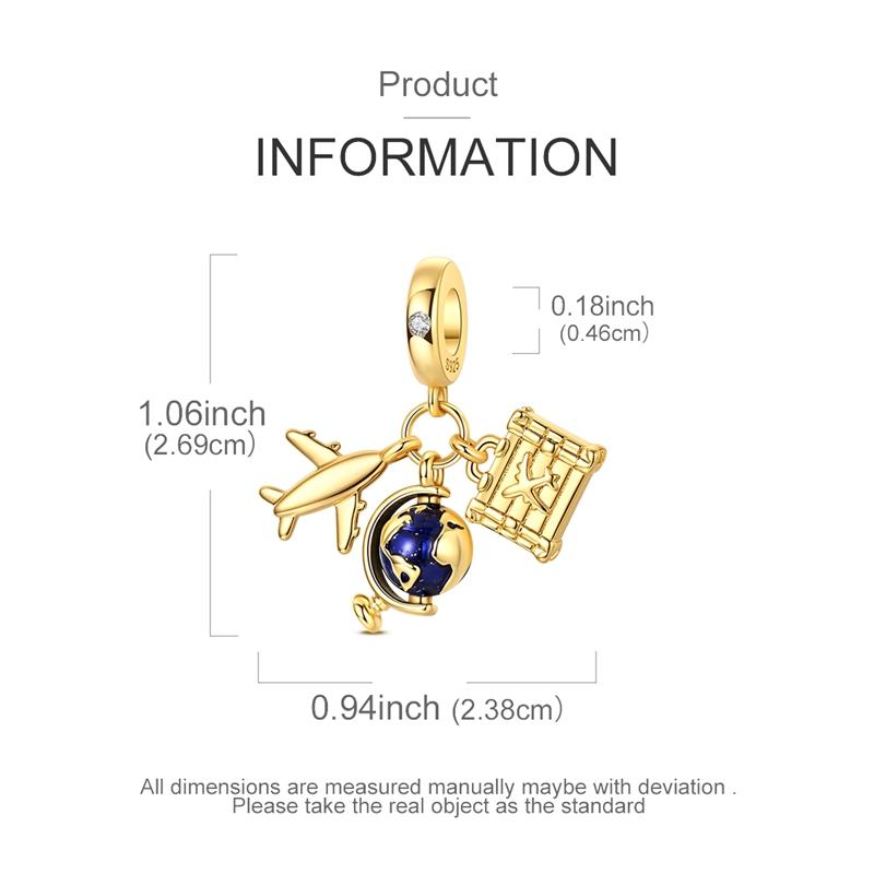 Original 925 Sterling Silver Charm Bead Golden Airplane Travel Globe Pendant Fit Original Bracelet For Women DIY Jewelry Gift