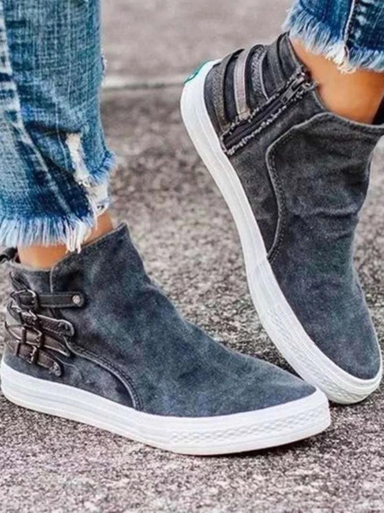 Ladies Canvas Shoes 2024 Autumn High Top Belt Buckle Women Casual Loafers Flats Plus Size Zipper Denim Women Shoes Zapatos Mujer