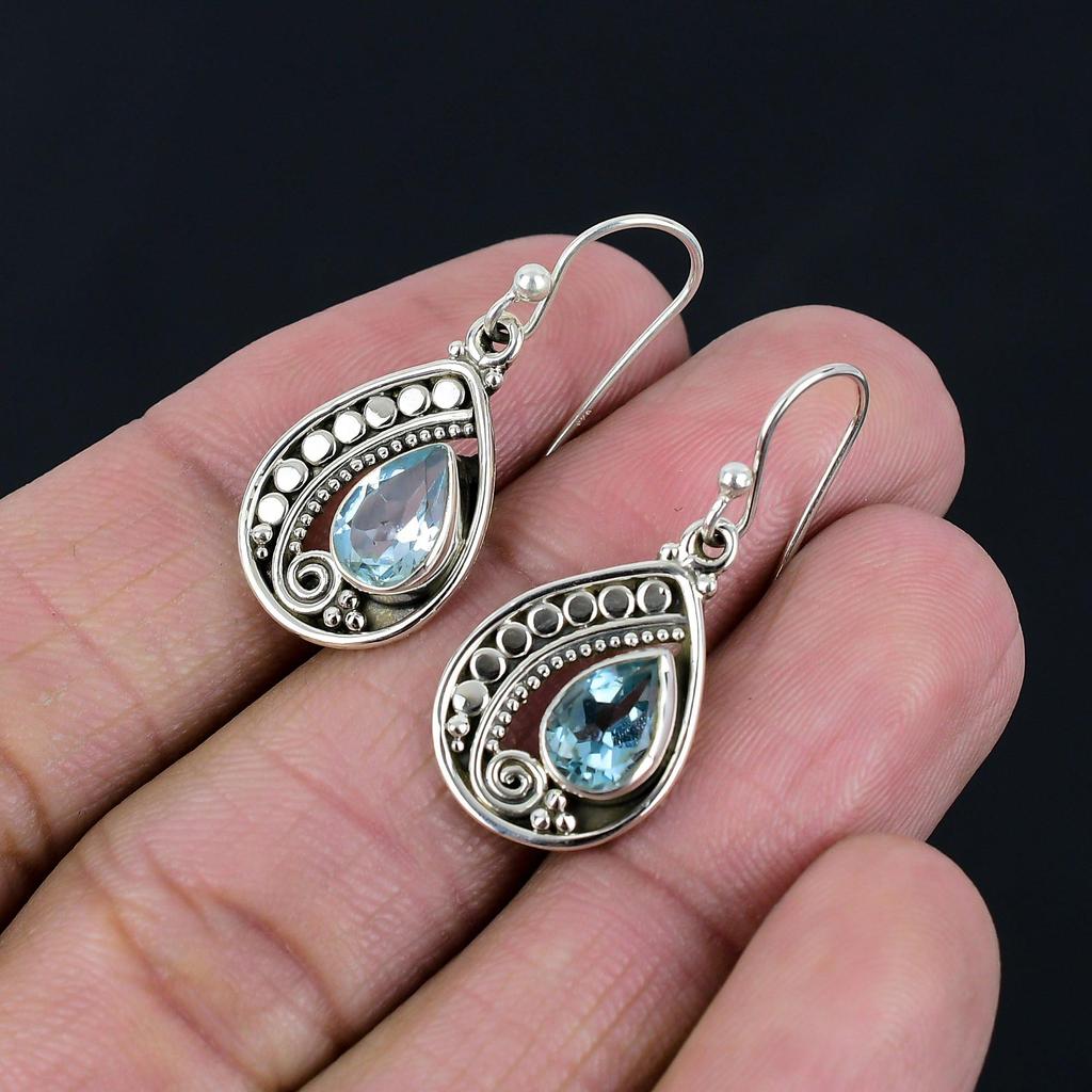 Blue Topaz Gemstone Earrings Solid 925 Sterling Silver Handmade Earrings Jewelry Gift For Women And Girls E-132