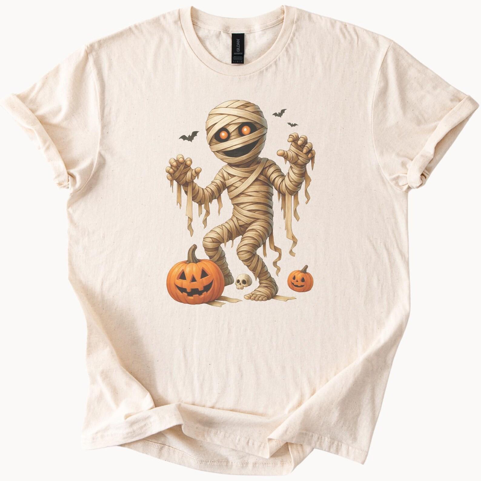 Halloween Cute Mummy Graphic T Shirt with Glowing Eyes and Pumpkins Spooky Cartoon Skull Bats Fun Fall Holiday Tee Shirt 100
