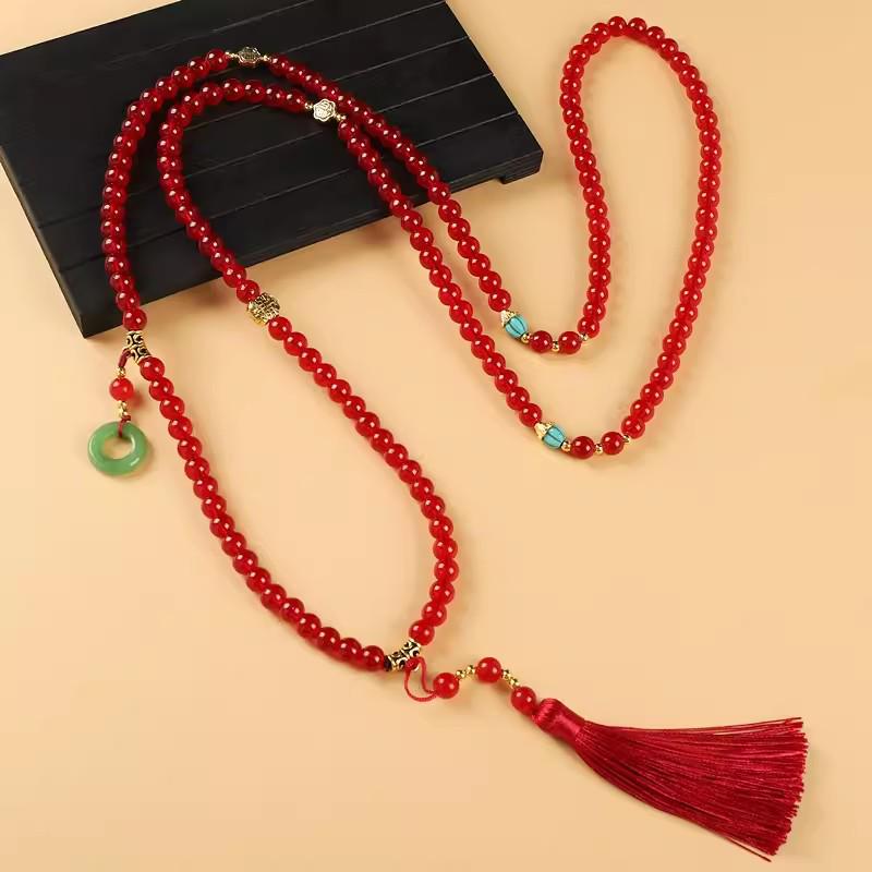 Green Beaded Tassel Crossbody Necklace - Retro Chinese Style Sweater Chain Accessory