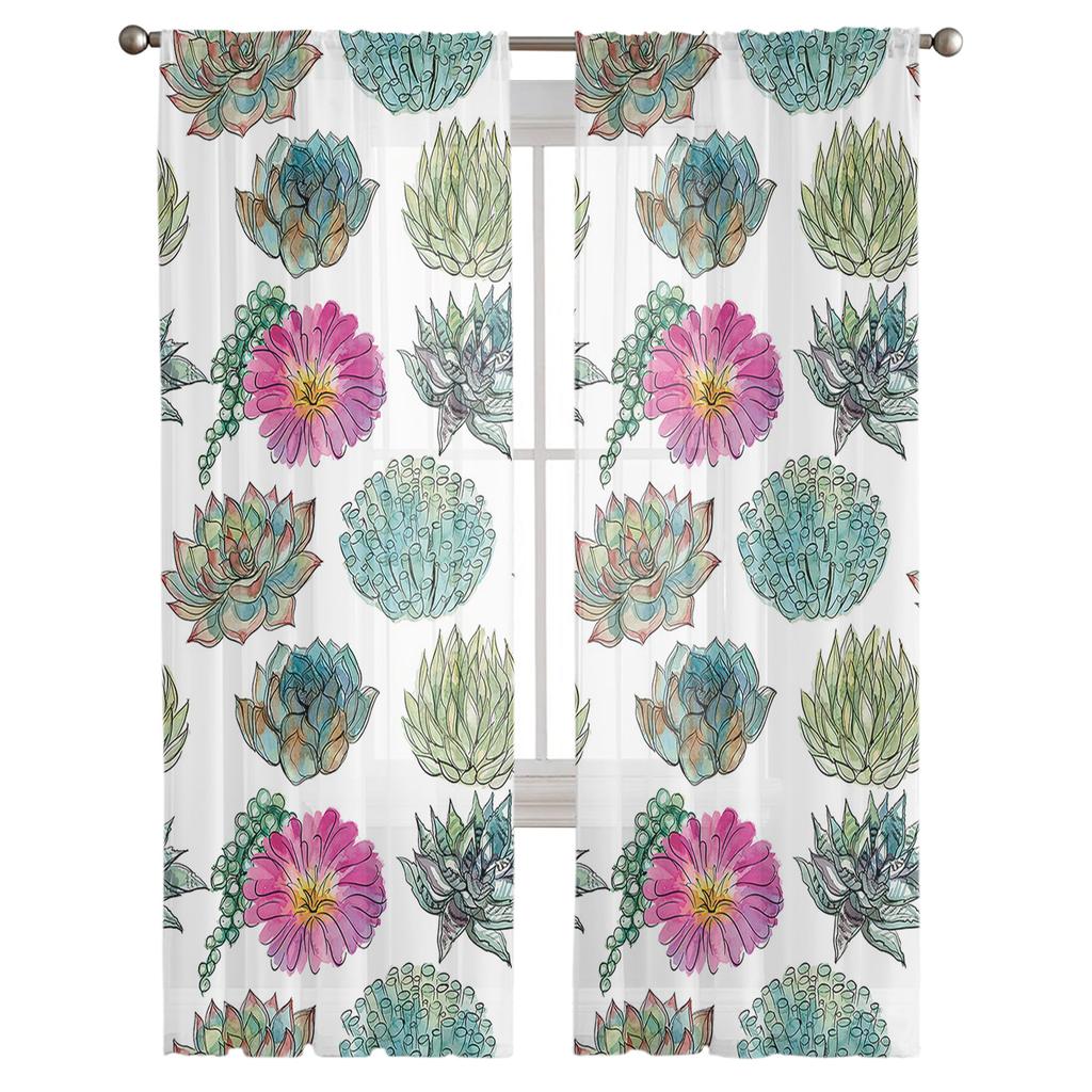 Plant Watercolor Succulent Window Treatment Tulle Modern Sheer Curtains for Kitchen Living Room the Bedroom Curtains Decoration