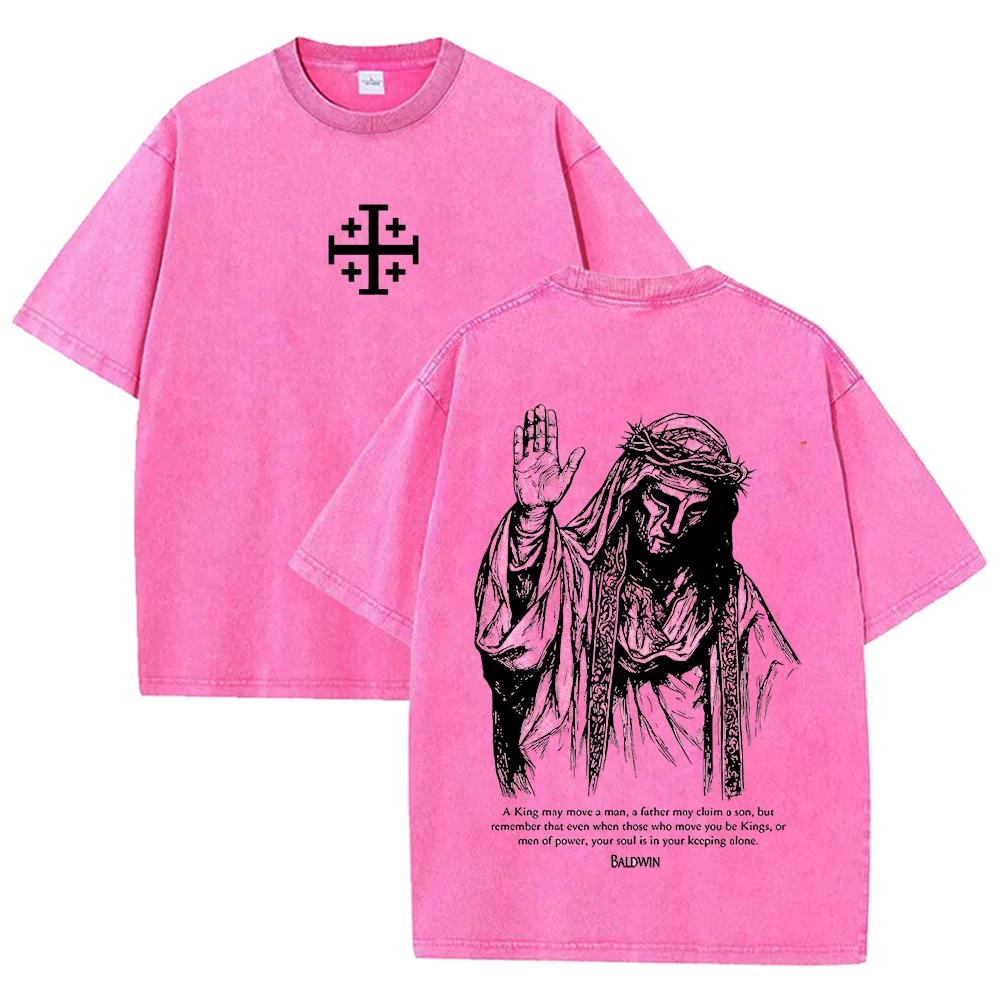 2026 Jesus mit Dornenkrone T-Shirt Vintage gewaschen Grau Grafik-T-Shirt Unisex Lässiges religiöses Oberteil