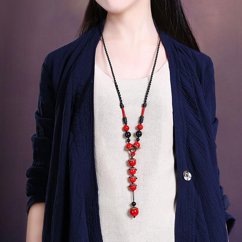 GEMCHIC Collana a Maglia Rossa con Perline Etniche da Donna Catena Lunga con Ciondolo Vintage Moda Boho Gioiello Statement Regalo