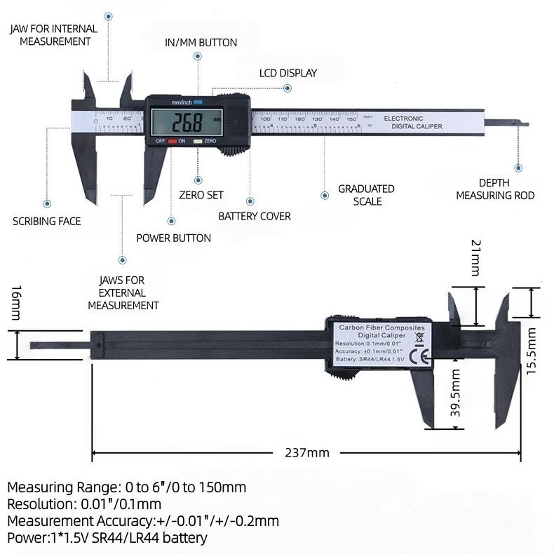 6 Zoll Digitaler Elektronischer Kohlefaser Messschieber mit LCD-Anzeige und Etui 0-150mm Messbereich Messschieber Messwerkzeug