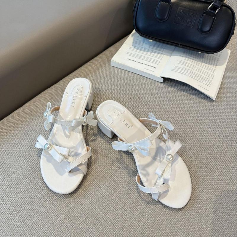 2025 Thick-heeled French Bow Pearl-toed Slippers Women's New High-heeled Sandals
