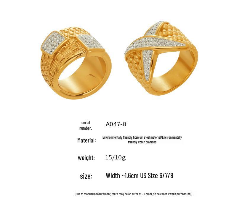 Luxury Retro Diamond X-Shaped Ring: Stainless Steel, Square Pattern, Fashionable & Versatile
