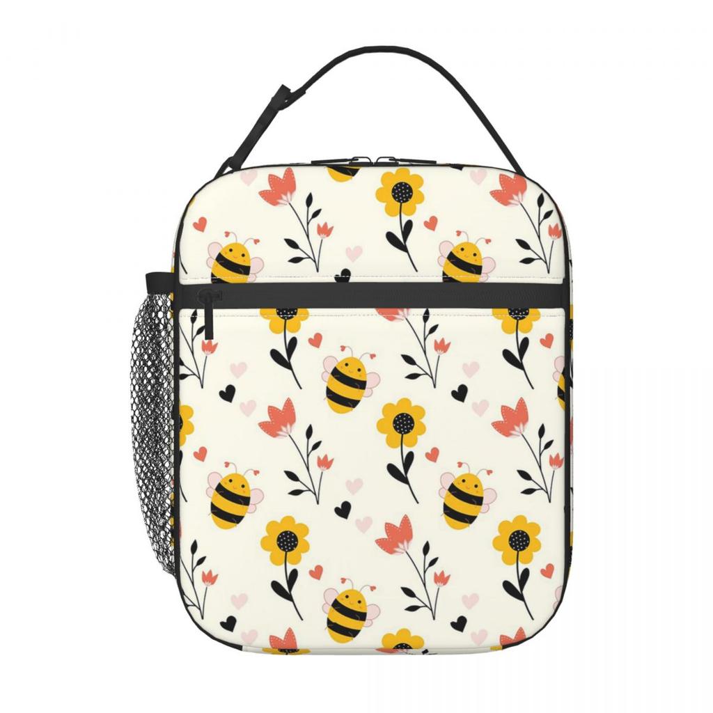 Das Muster von Bienen beim Blumenpflücken Isolierte Lunchtasche für Damen Kinder Tragbare Lebensmittelboxen Thermische Lunchbox Tragetasche