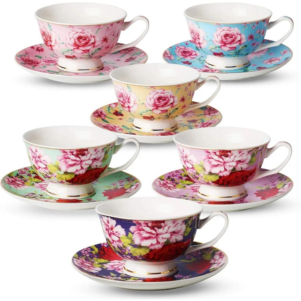 

BTaT- Tea Cups and Saucers Set of 6, Floral (8 унций) Porcelain Cups for Tea Party, Rose, Mother s Day Gift other разноцветный