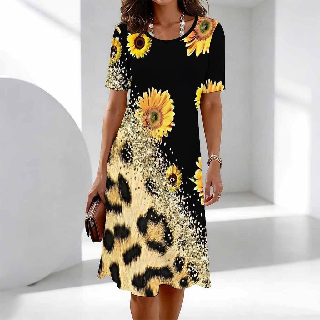 Ladies Oversized Round Neck Short Sleeve Dress Natural Floral Branch Print For Summer Outdoor Relax
