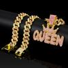 Couronne Rose Diamant pour Femme, Pendentif Lettre QUEEN, Collier Cubain Diamant Long Hip Hop Accessoire Féminin