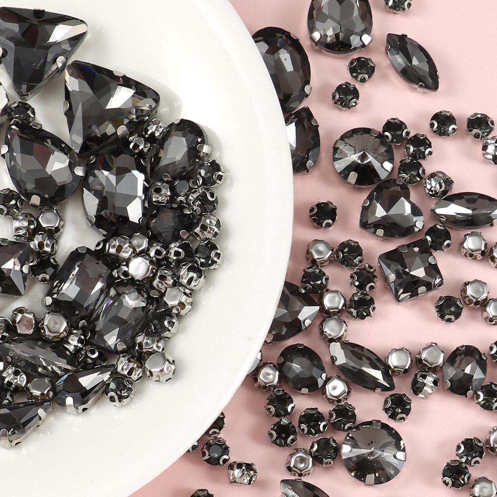 Sew on rhinestones,130 pcs sew on glass rhinestones white background, Back Prong Setting Sewing Claw Rhinestone Mixed Shapes 130pcs серый