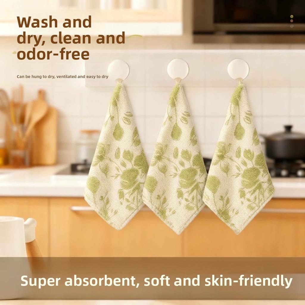 8PCS Thickened Coral Fleece Kitchen Towels Soft Lint Free Hanging Hand Towel Green Floral Pattern Super Absorbent Dish Cloths