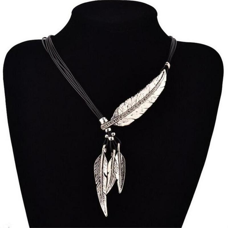 Trend Fine Jewelry Neck Pendants Bohemian Style Rope Chain Leaf Feather Pattern Pendant For Women Men Retro Party Necklaces