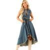 Women's Sleeveless Denim Dress, Lapel, Button Front, Waist Tie, Frayed Hem