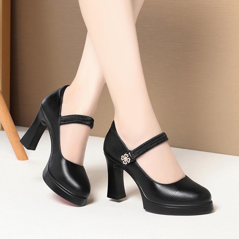 Cheongsam show high heels black model catwalk show thick heel waterproof table one-word buckle shallow mouth women's shoes