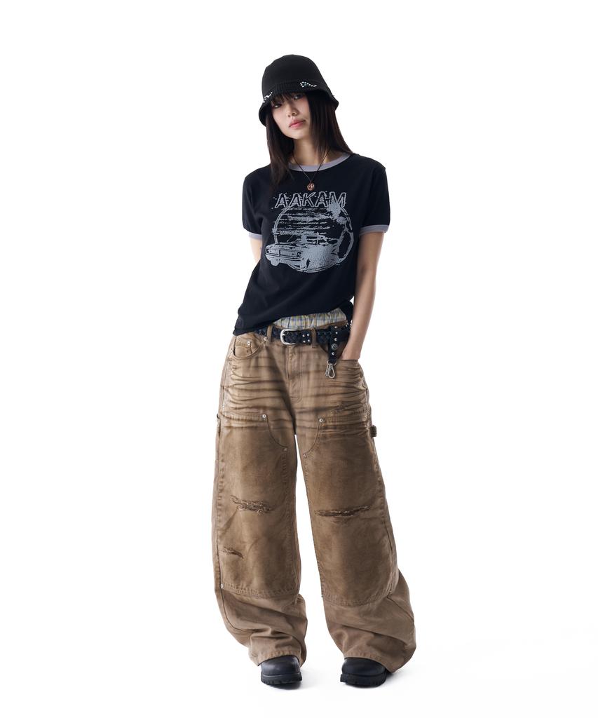 AAKAM Dirty Washed Double Knee Cotton Pants (Beige)