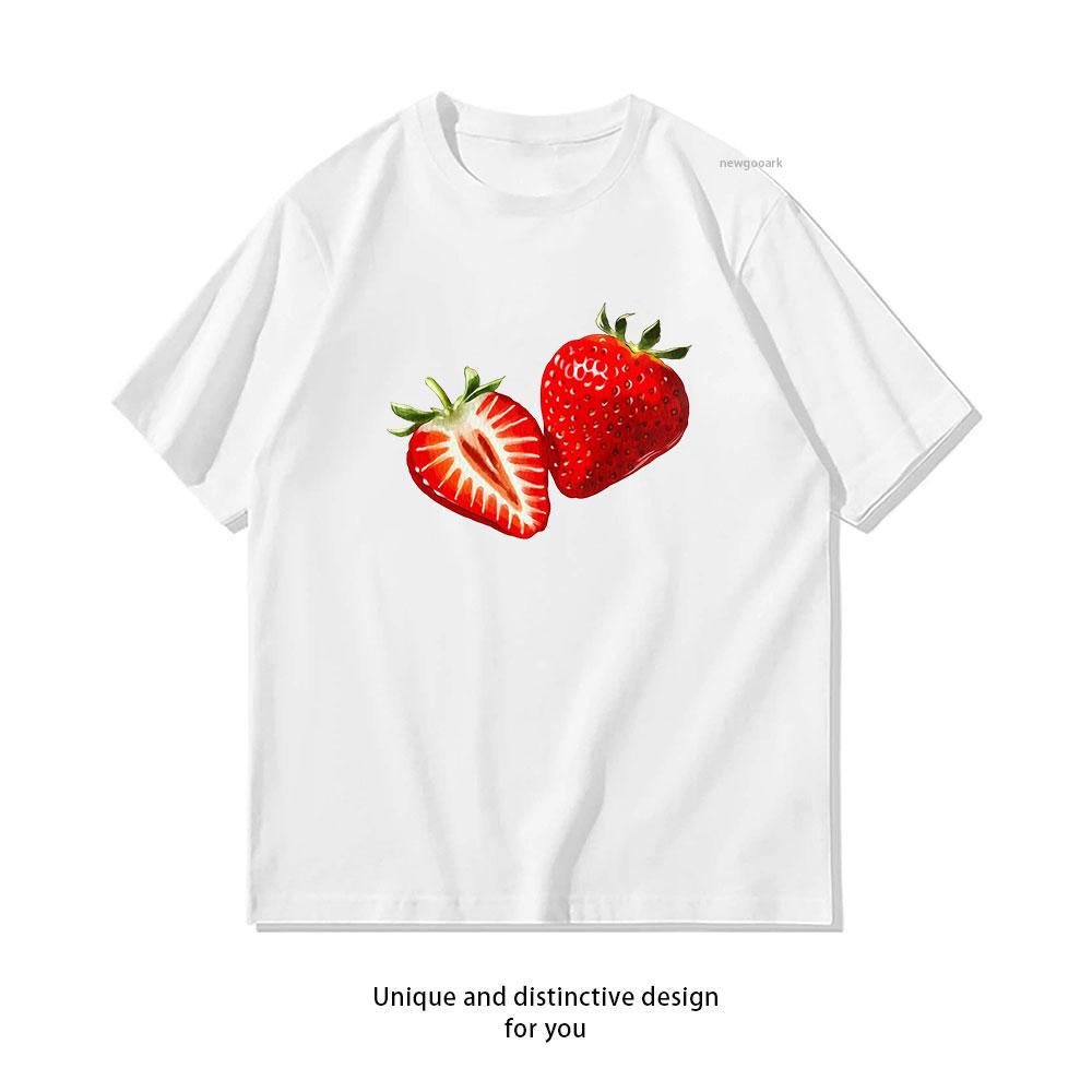 

Two strawberries resting on a white background with one berry cut to show the inside and one whole TShirt 3XL