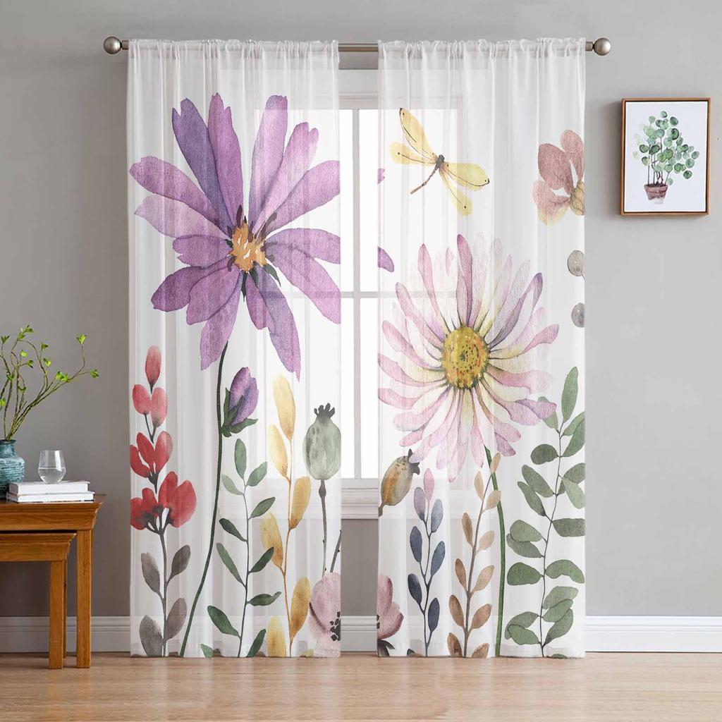 Pastoral Plants Flowers Plants Watercolor Sheer Curtain Living Room Drapes Home Bedroom Voile Curtain Tulle Window Curtain