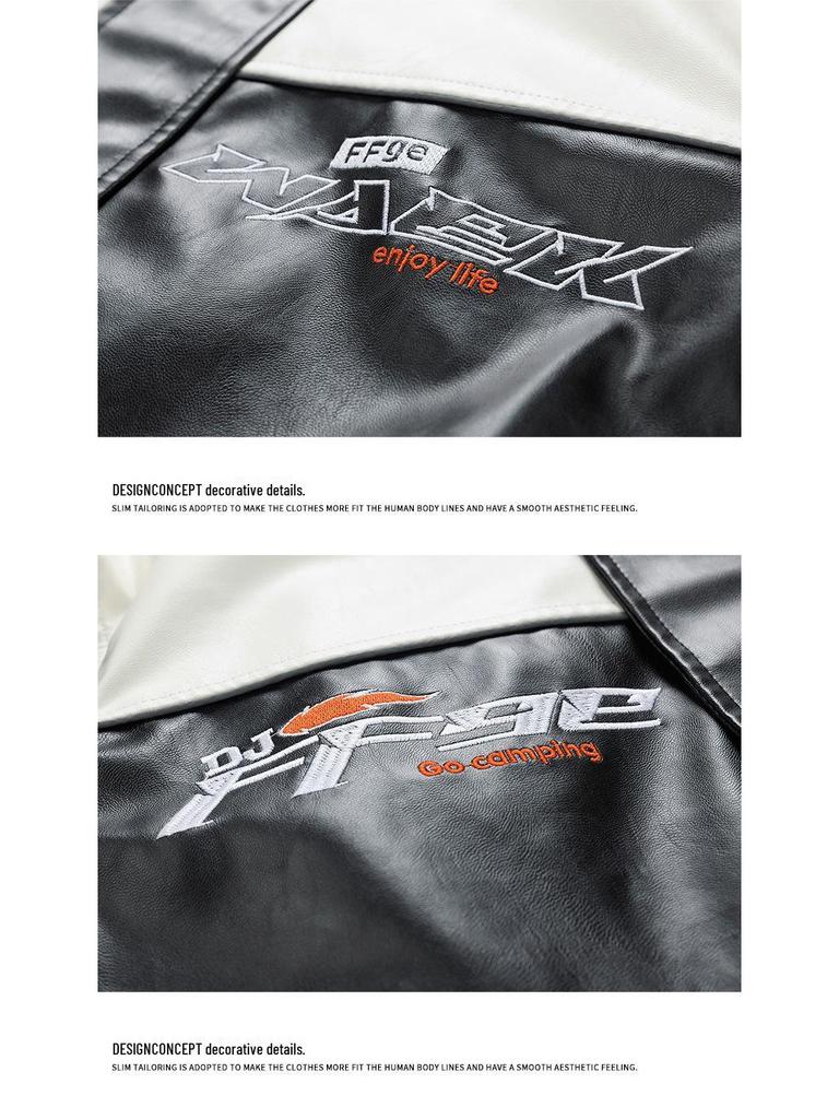 American Style PU Leather Men's Retro Motorcycle Jacket - Stand Collar, Color Block, Spring/Autumn Coat