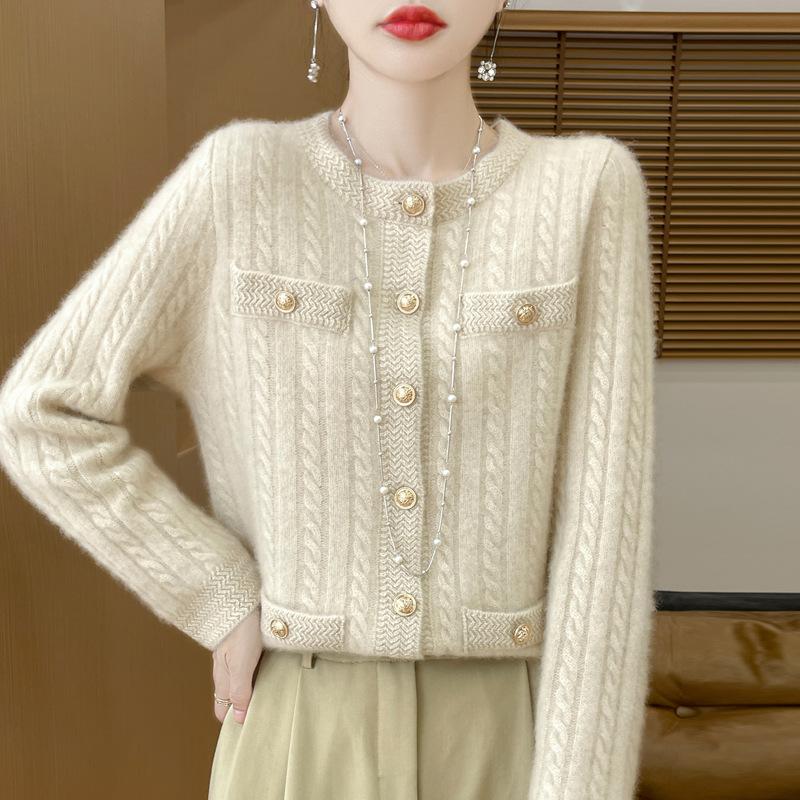 New Autumn and Winter Style Pure Wool Round Neck Knitted Cardigan for Women's Fashionable Versatile and Comfortable Cashmere Sweater Jacket