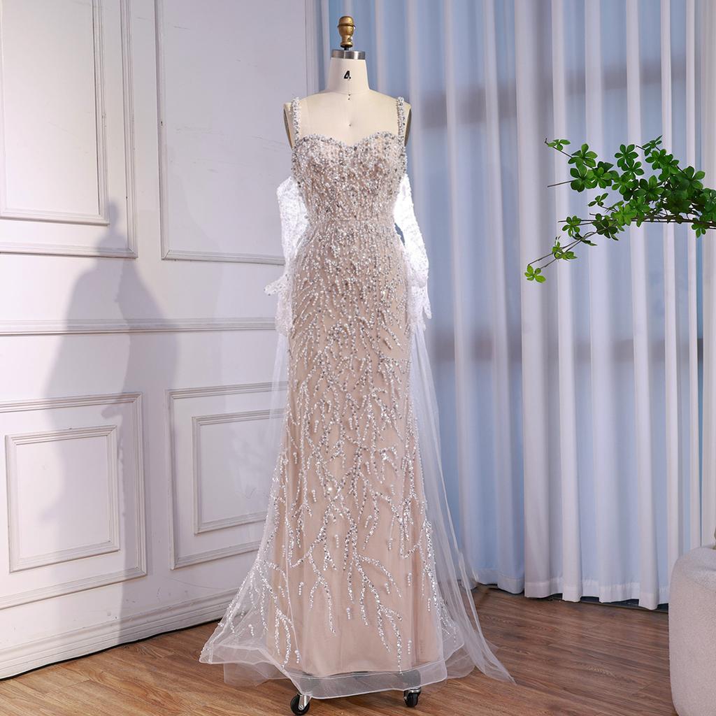 White nude light luxury high-end elegant suspender pearl bead dress host banquet dress LA11111E