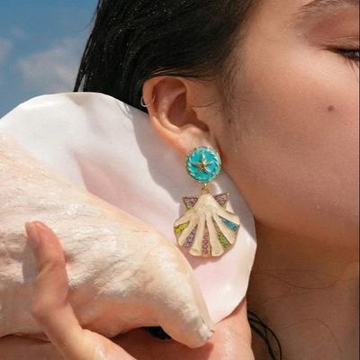 Bohemian Ocean Starfish Shell Drop Earrings For Women Gold Color Enamel Scallop Dangle Earring Colorful Crystal Summer Beach Jew