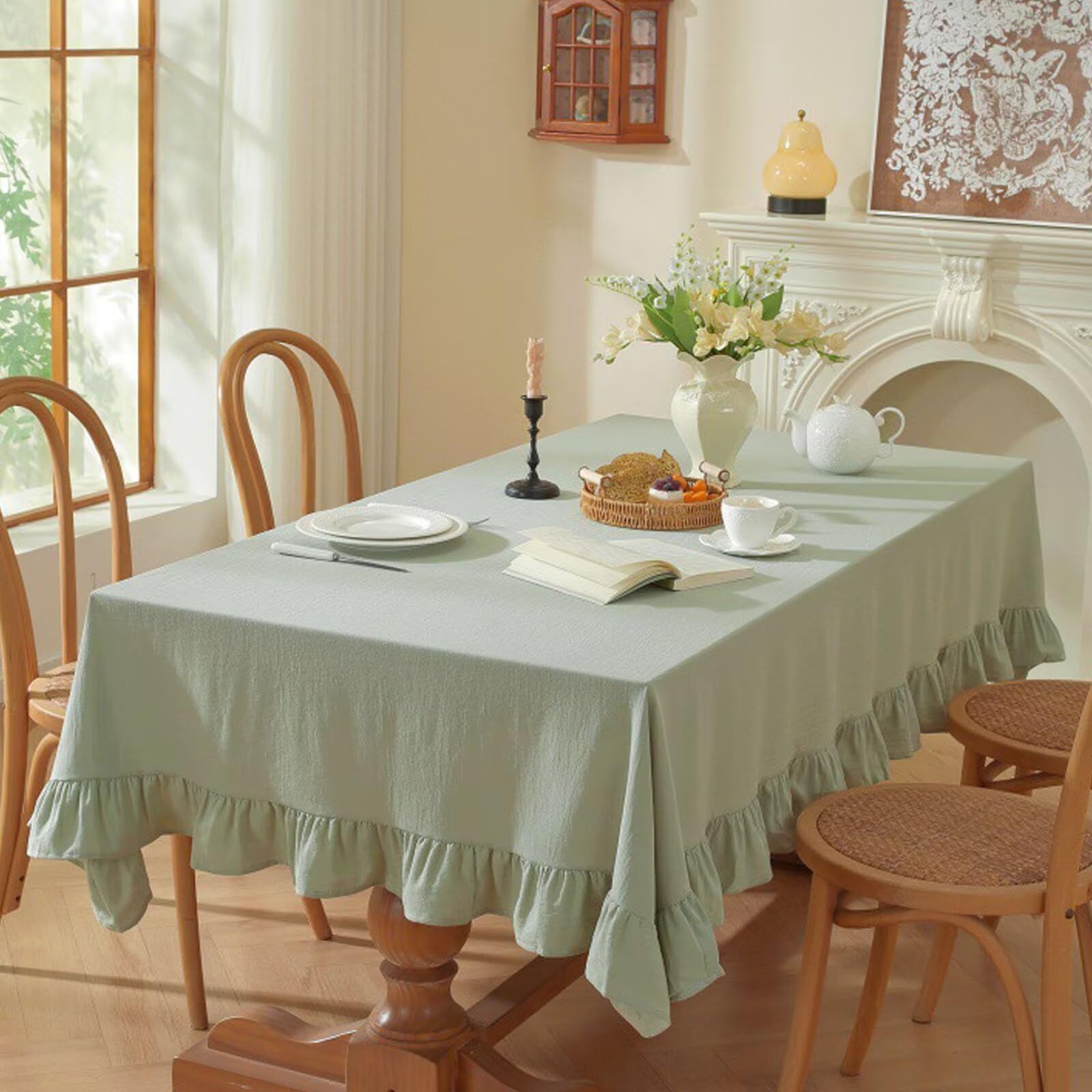 

100% Cotton Table Cloth with Decorative Ruffle Edge Luxurious Soft Washable Tablecloth Rectangular for Kitchen Dining Wedding 90x90cm