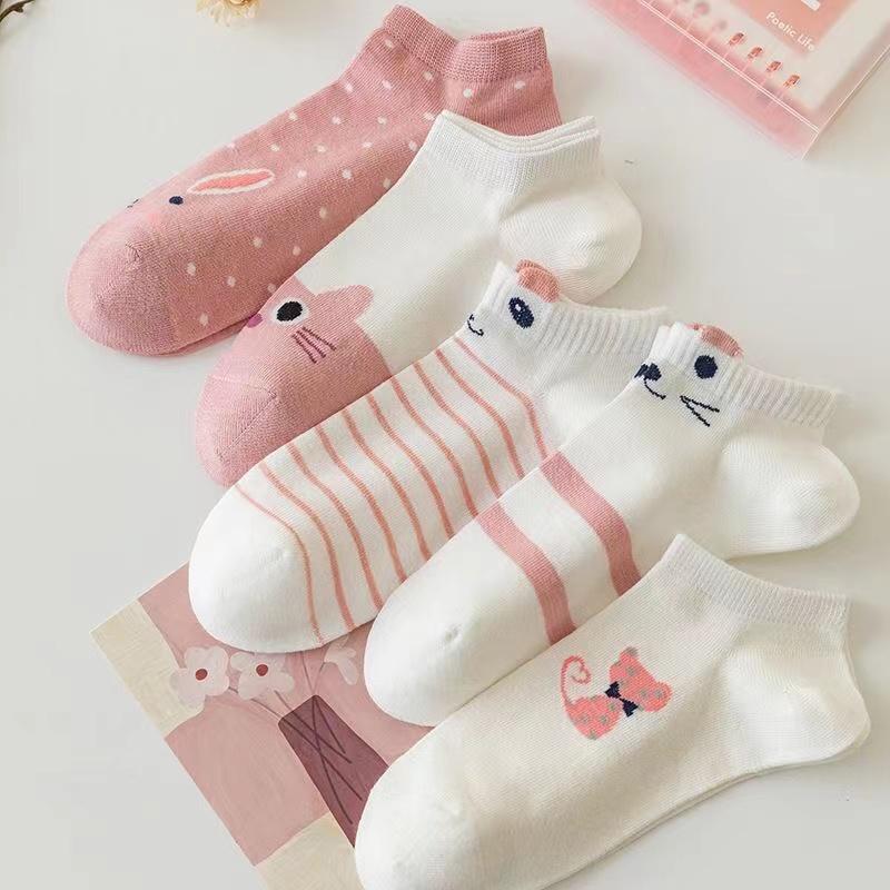 5 Pairs Womens Socks Kitty Crew Short Socks Creative Printing Socks Cartoon Cute Kitten Ankle Sock