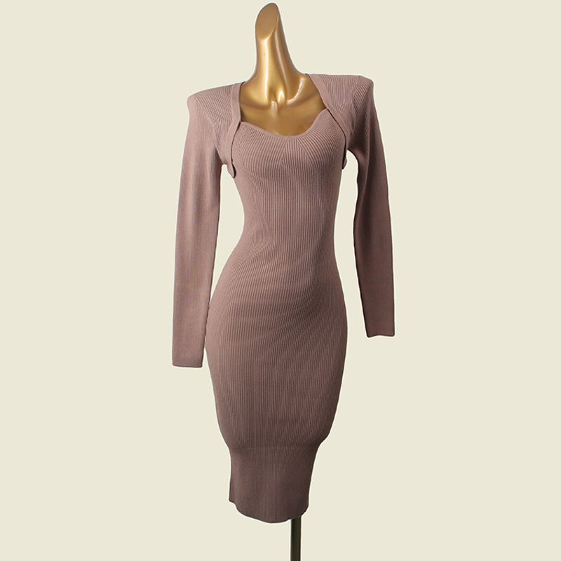 

Export Knitting Dress 2024 Fall and Winter Slim Fit Inner Wear Fake Two-Piece Mid Length Long Length Square Collar Bottoming Hip Skirt Khaki 2XL(Flawed silks)