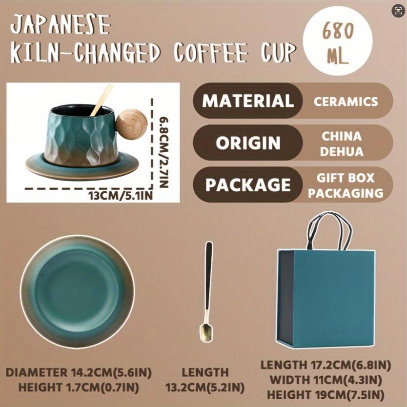 Elegantes Grün mit Farbverlauf Japanisches Keramik-Kaffeebecher-Set aus Ofenkeramik, Passende runde Tassen mit Holzgriffen, Wiederverwendbar, Maschinenwaschbar, Tee oder Kaffee,