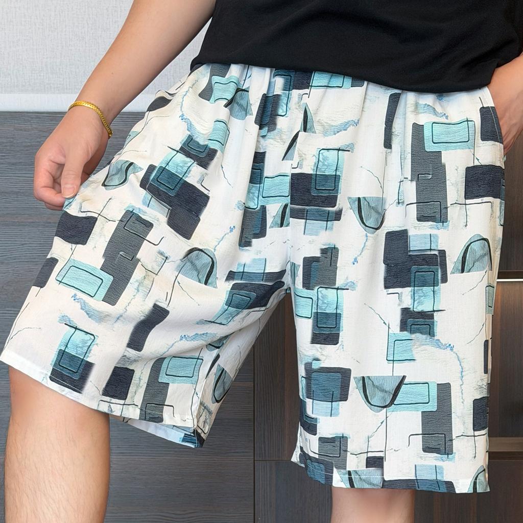 Summer men's cotton and silk starfish shell printed shorts loose home pajama pants can be worn outside summer double pocket cool pants