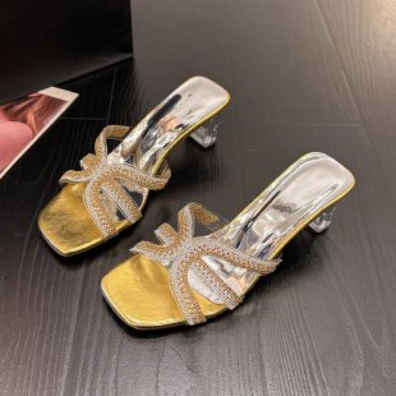 Mode 2025 Été Sandales à Talons Hauts à Bout Ouvert pour Femmes Bout Carré Strass Sandales Modernes Grande Taille Robe Fête Mode Sandales