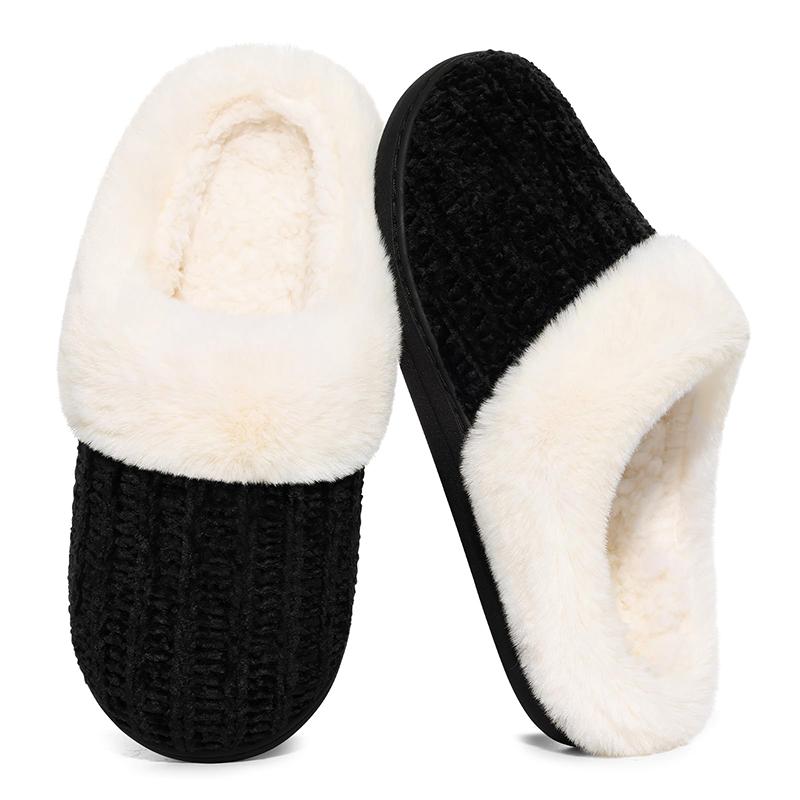 Fashion Shevalues Winter Plush Lining Slippers For Women Cozy Wool-Like Lined Chenille Slippers Memory Foam Fuzzy Warm Indoor Slippers