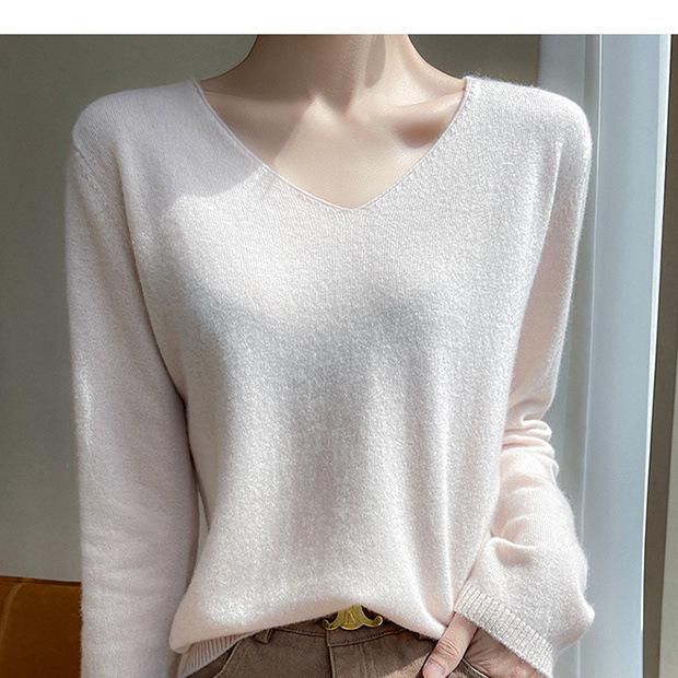 Women's V-Neck Wool Sweater: Autumn/Winter Loose-Fit, Solid Color Knit Pullover with Long Sleeves