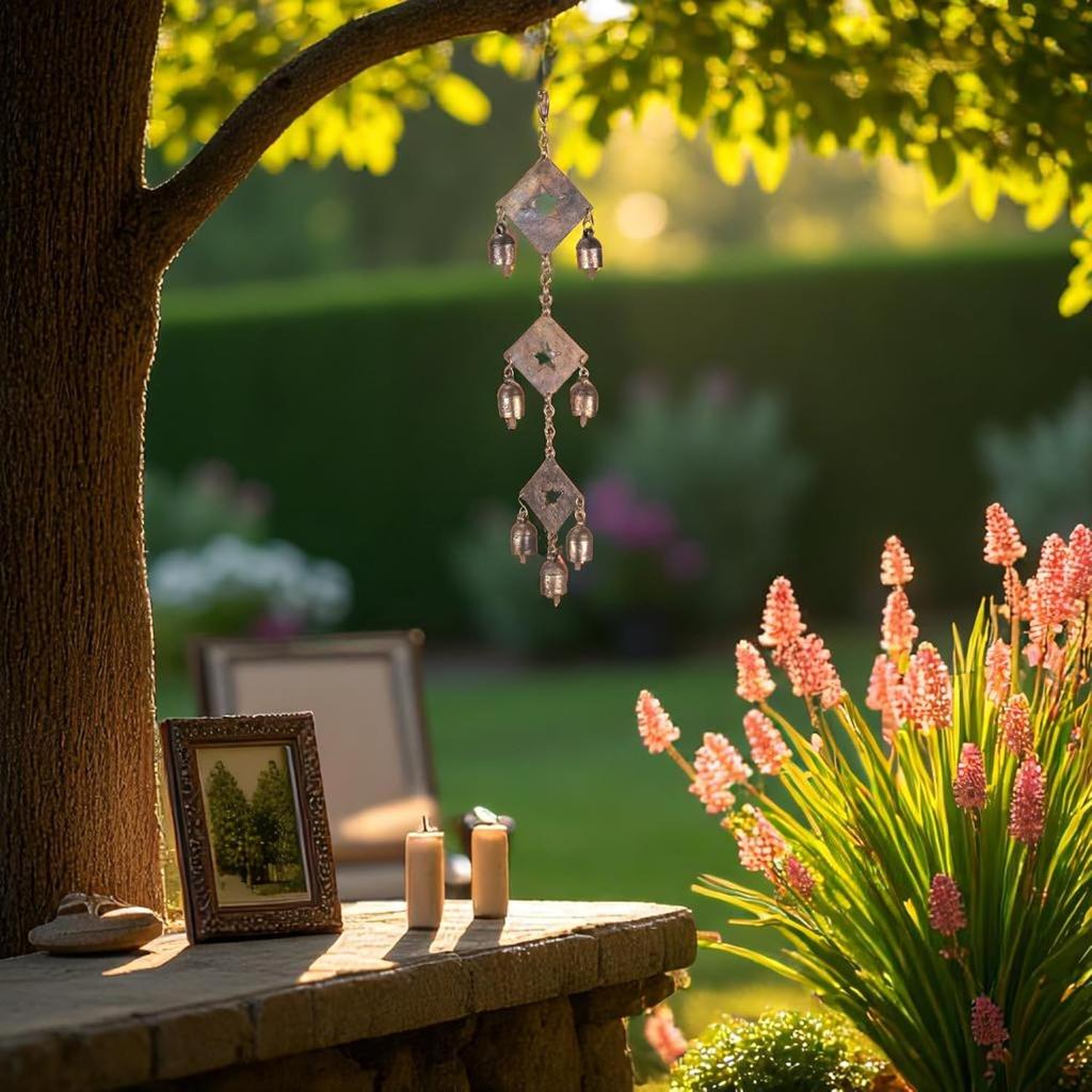 Rustic Bronze Metal Wind Chime With Star Cutouts And 7 Bells For Garden Decor Outdoor Porch Balcony Memorial Gift 19 X 4.5 Inch