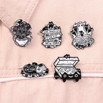 Cartoon Black Cats Enamel Pins Cattery Cat World Dominationia Ghost Kitties Animal Brooch Lapel Badge Jewelry Gifts For Friends