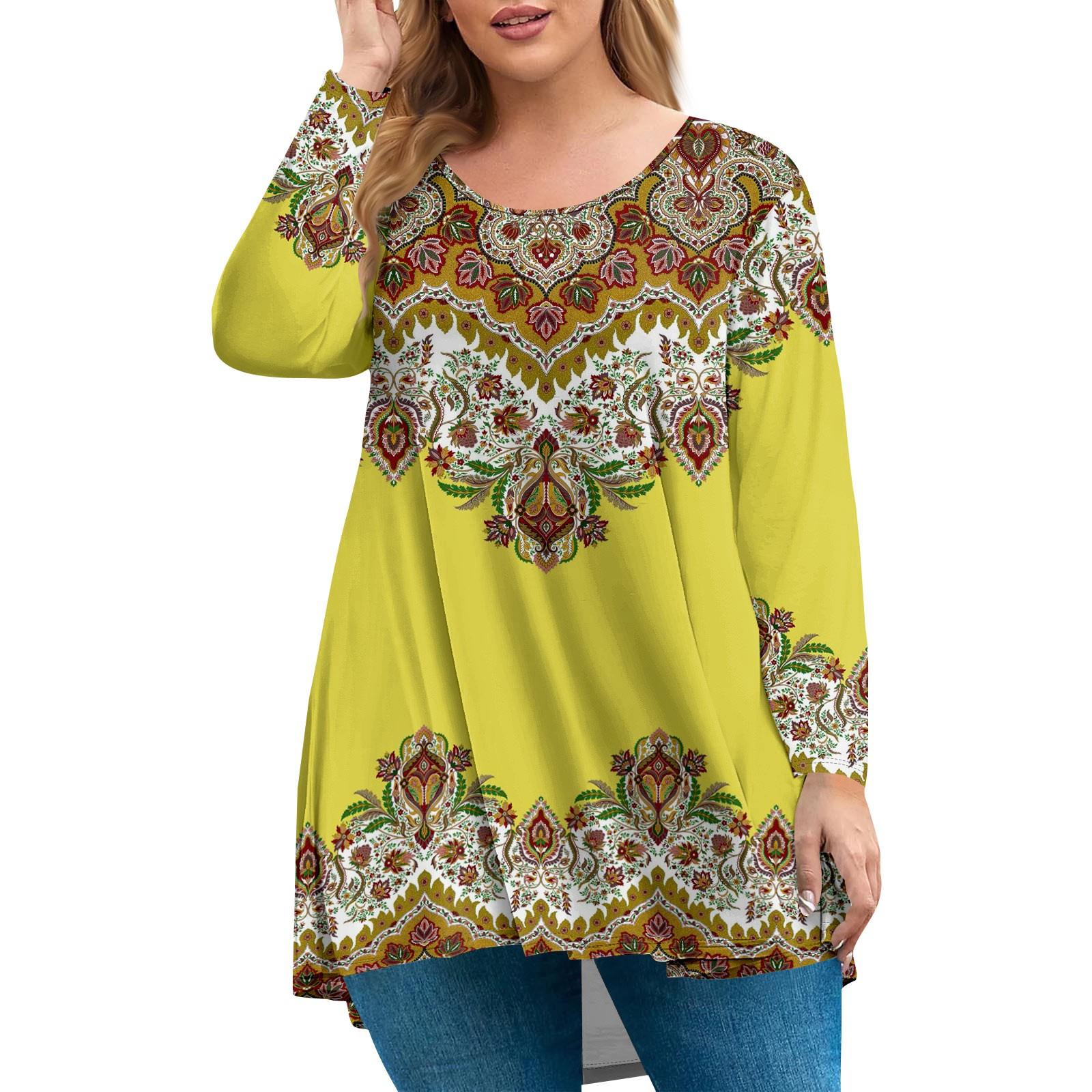

Women s Plus Size Top, Garden Collar Long Sleeved Shirt, Fashionable Floral Print Casual Top XXXXL жовтий