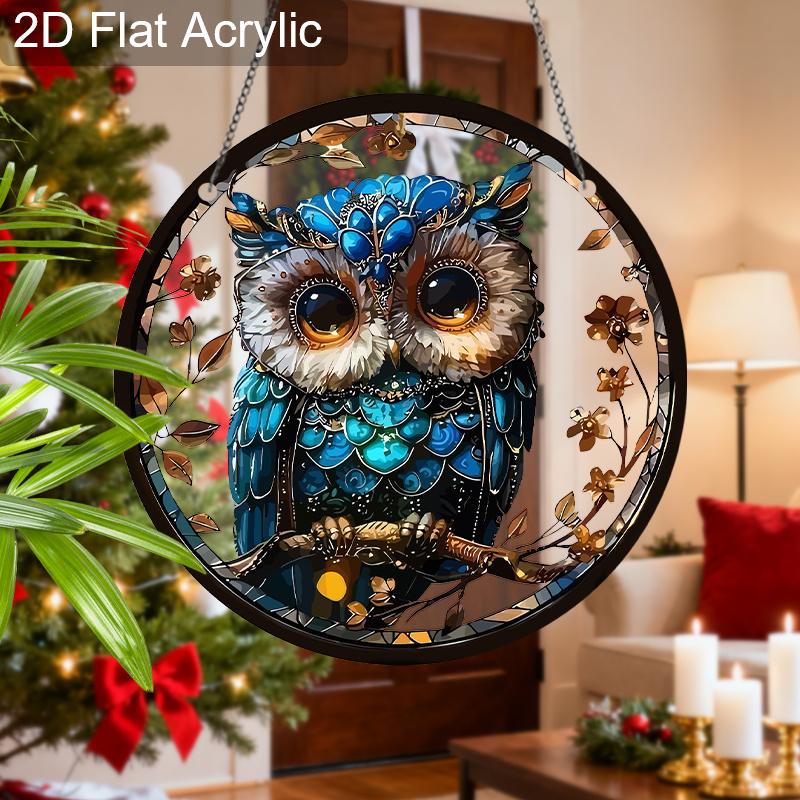 Acrylic Blue Owl Christmas Suncatcher Stained Glass Effect Window Hanging Ornament Owl Lover Holiday Gifts