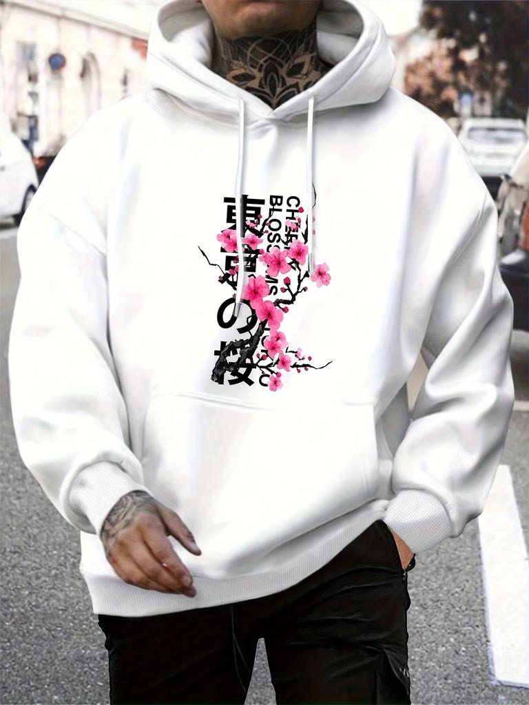 Heavy‑weight fleece hoodie sweatshirt with circular sakura‑theme print artwork for men daily wearing and chill casual‑gathering occasions