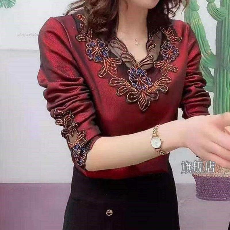 Vintage Fashion Floral Diamonds T-shirt  Spliced Hollow Out Women's Spring Autumn Elegant V-Neck Pullovers